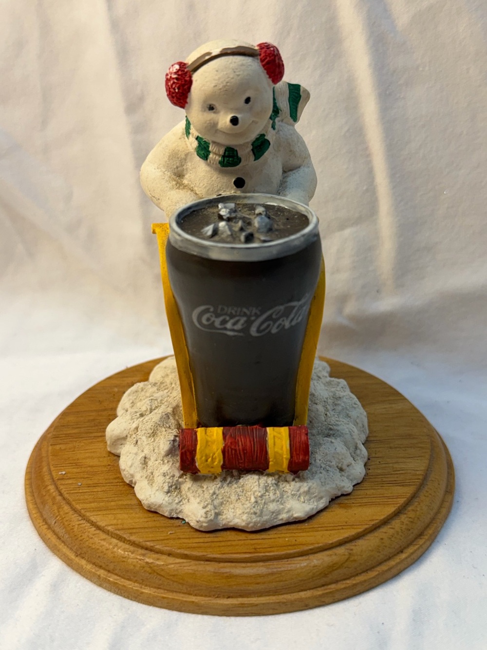 Vintage Rare 1991 Coca Cola Snowman Polar Bear Pushing Glass of Coke on Sled